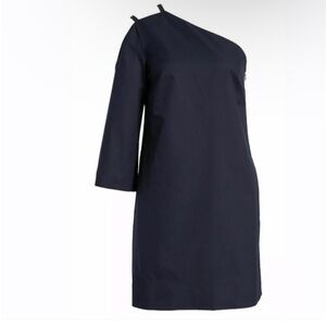 LEWIT Sz 10 Navy 100% Cotton One Shoulder Tunic Mini Dress Evening Cocktail
